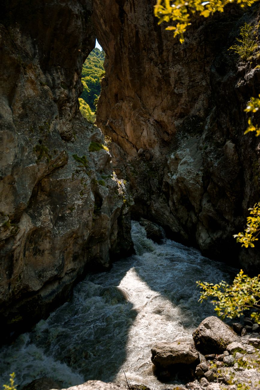 A dramatic river flows through a rugged, eroded canyon amidst lush greenery.